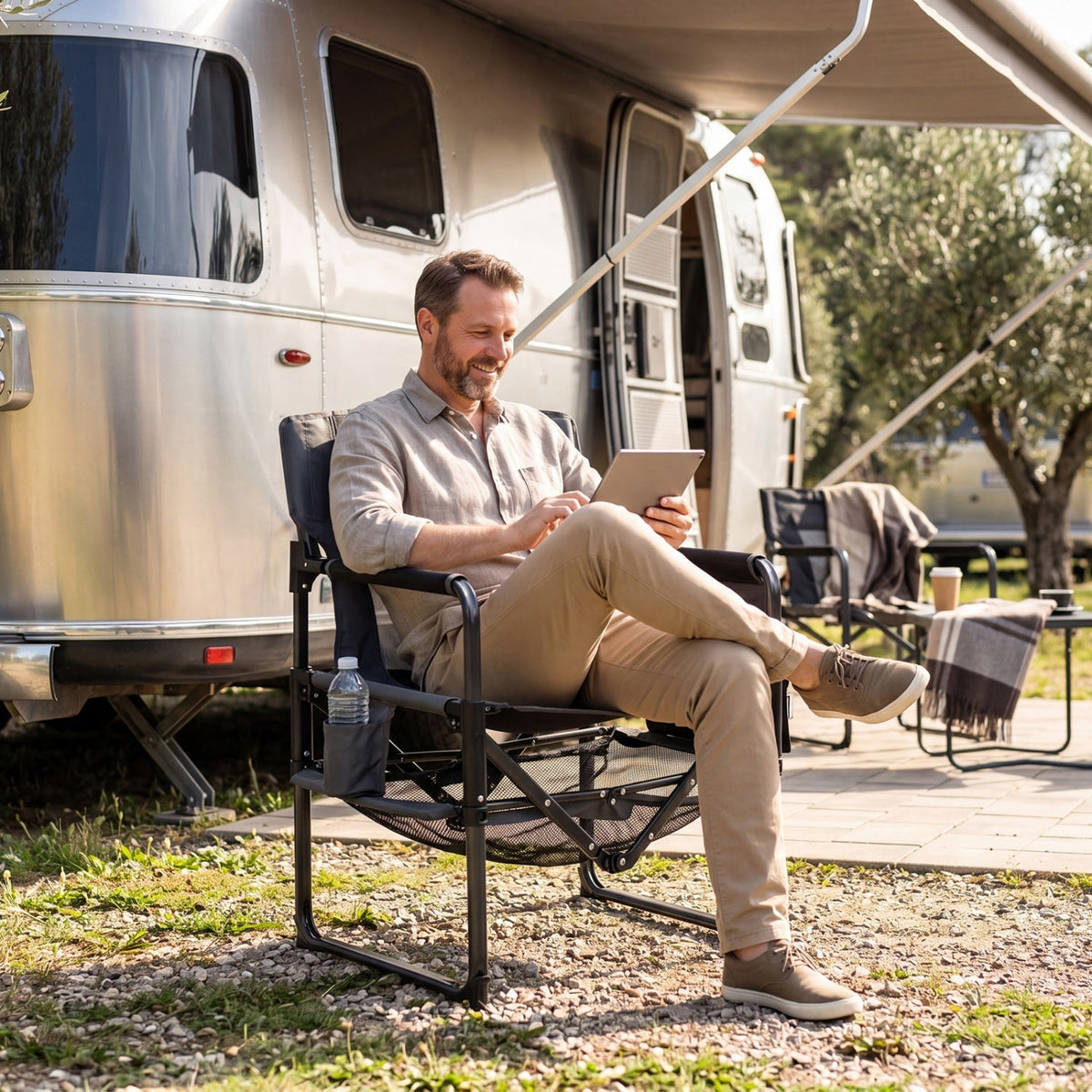 Camping Chair Heavy Duty with Cup Holder and Storage by GemGear at campsite beside trailer on Tampa Home & Garden Store