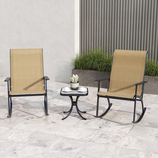 Heavy-Duty Rocking Bistro Chairs and Table Set with High Backrest and Wood-Plastic Tabletop-Brown - Tampa Home & Garden Store