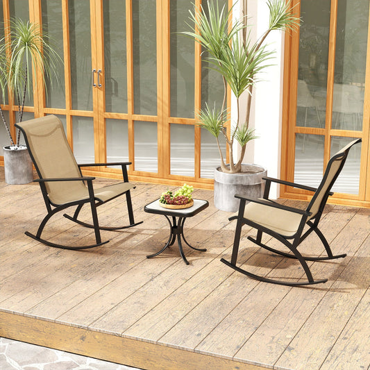 Heavy-Duty Rocking Bistro Chairs and Table Set with High Backrest and Wood-Plastic Tabletop-Brown - Tampa Home & Garden Store