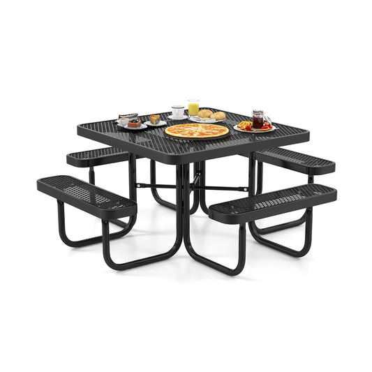 Square Picnic Table and Bench for 8 Person with Seats and Umbrella Hole-Black - Tampa Home & Garden Store