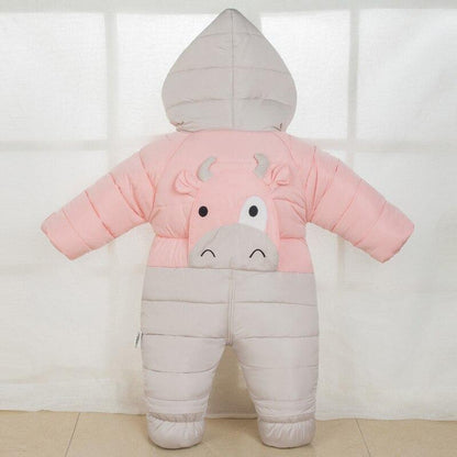 Stevvex pink gray baby puffer snowsuit with hood and hippo face patch on back on Tampa Home & Garden Store
