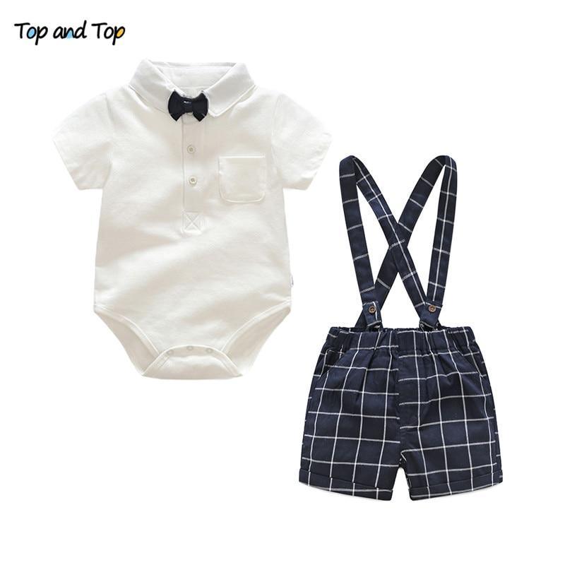 Stevvex baby outfit: white polo bodysuit with bow tie and navy plaid suspender shorts on Tampa Home & Garden Store