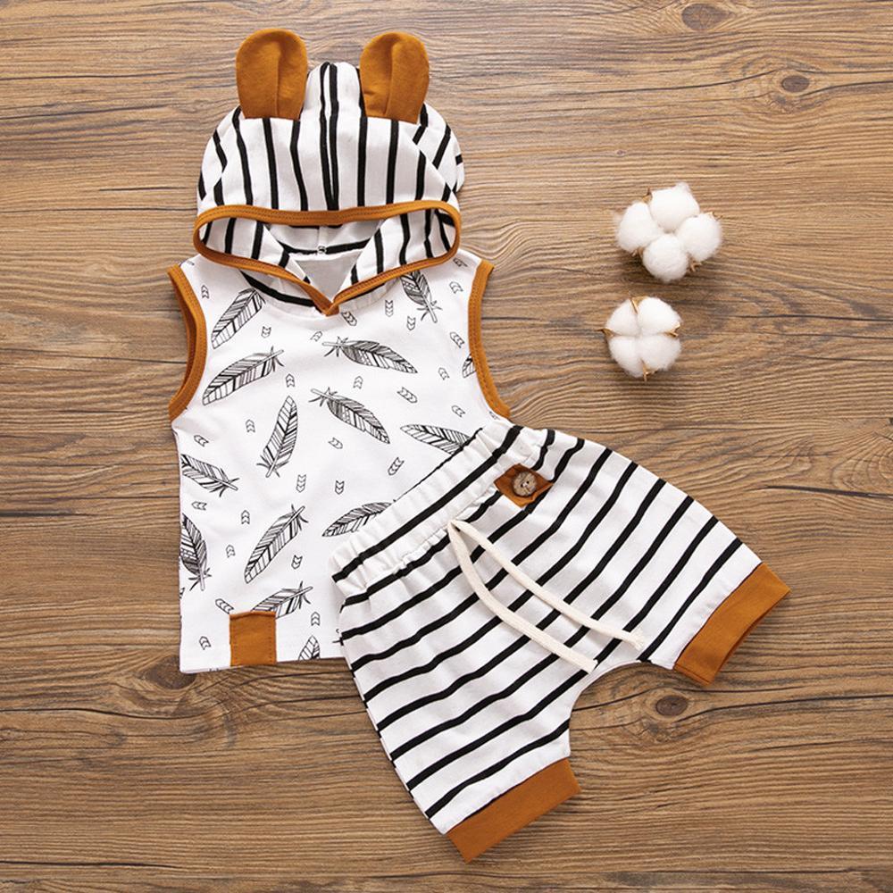Newborn boy feather-print sleeveless top with brown trim and hooded striped shorts set on Tampa Home & Garden Store