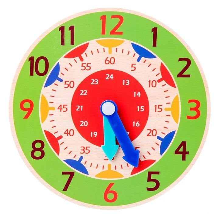 Stevvex Montessori wooden clock toy for kids with bright green outer ring and blue hands on Tampa Home & Garden Store