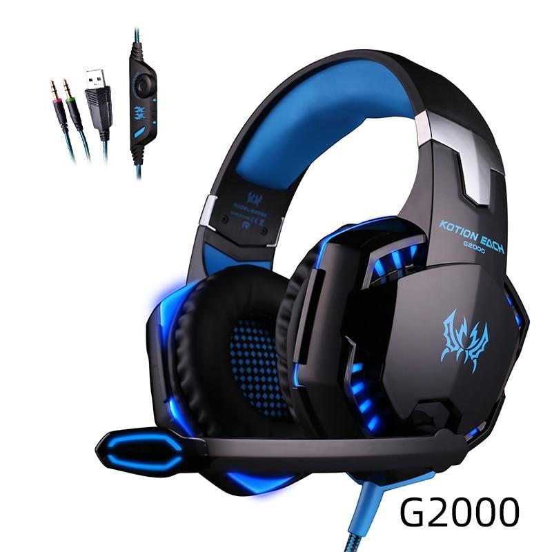Stevvex G2000 over-ear wired gaming headset with blue LED accents and built-in microphone on Tampa Home & Garden Store