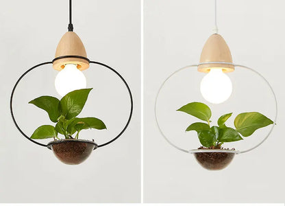 Art Deco LED Plant Pendant Light Wood Base Rustic Hanging Lamp for Dining Cafe Bar