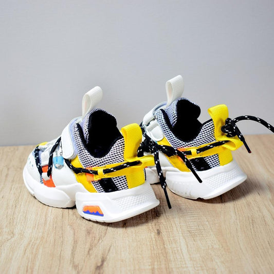 Stevvex toddler sneakers lace-up mesh kids' shoes yellow black white 2 shoes shown on Tampa Home & Garden Store