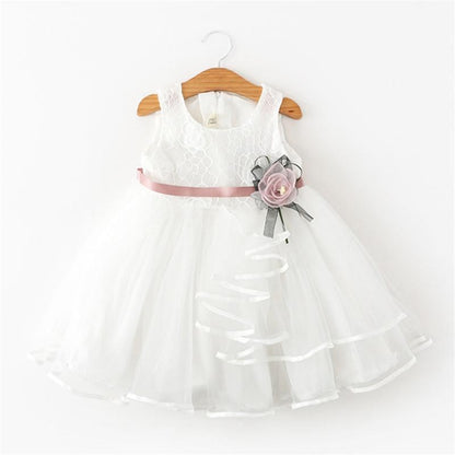 Baby dress Stevvex lace bodice with pink satin belt and layered tulle skirt floral corsage on Tampa Home & Garden Store