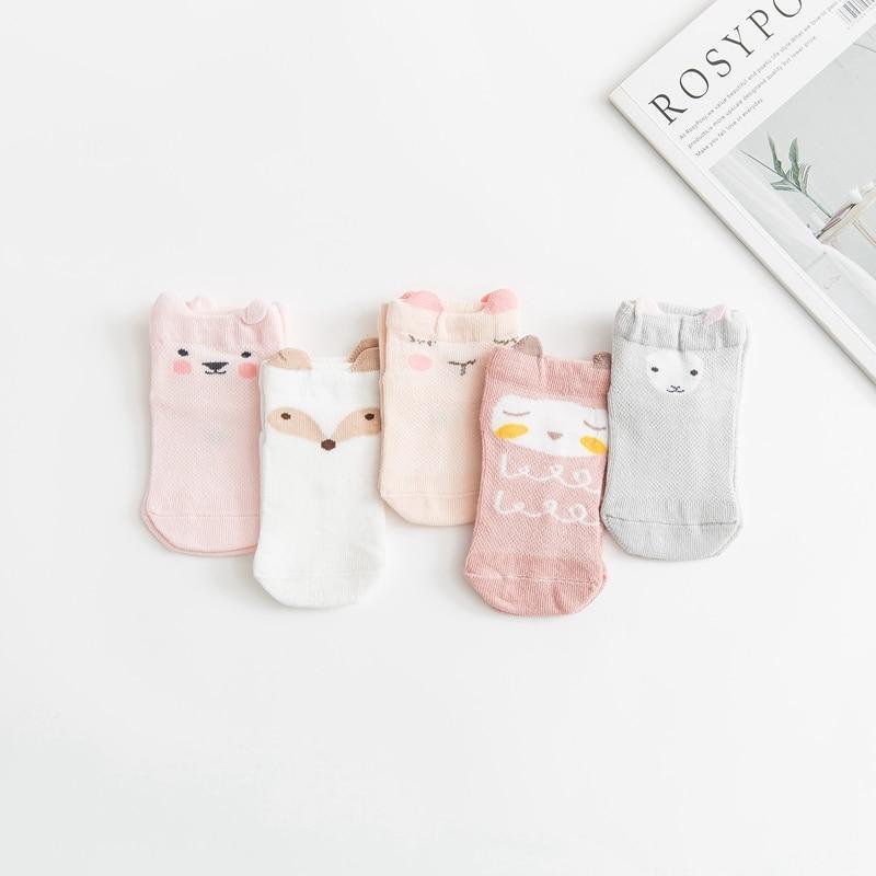 Baby socks set Stevvex, 5-pair, thin combed cotton mesh animal-face socks in pink white gray on Tampa Home & Garden Store