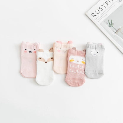Baby socks set Stevvex, 5-pair, thin combed cotton mesh animal-face socks in pink white gray on Tampa Home & Garden Store