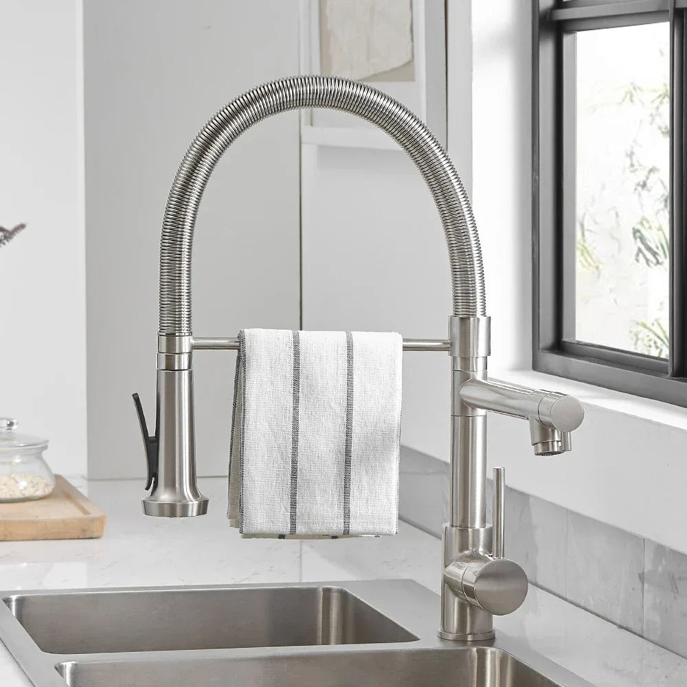DecorBites dual spout deck-mounted faucet, brushed stainless high-arc spring mixer on Tampa Home & Garden Store