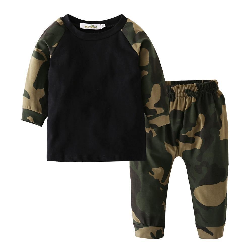 Newborn Stevvex camo long-sleeve top with black body and matching camo pants set on Tampa Home & Garden Store