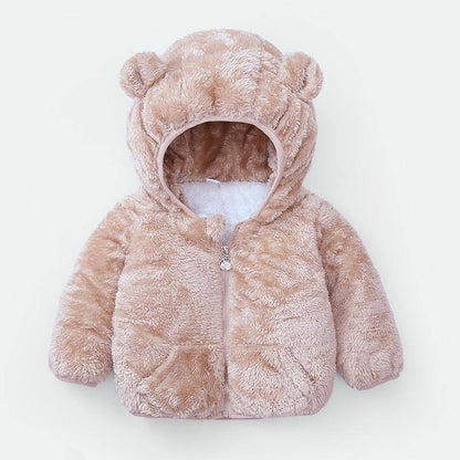 Toddler plush pink hooded puffer jacket with bear ears, Stevvex, front pockets for girls on Tampa Home & Garden Store