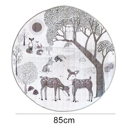 Round 85cm play mat by Stevvex with Nordic forest animals print in grey tones, deer and rabbits on Tampa Home & Garden Store
