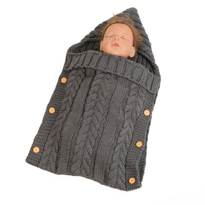 Stevvex gray knitted baby swaddle blanket with cable knit and wooden buttons on Tampa Home & Garden Store
