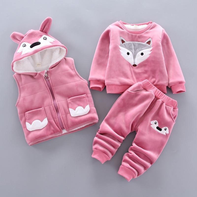 Stevvex pink baby winter 3-piece set: hooded bear-ear vest, fox-face sweater, matching pants on Tampa Home & Garden Store