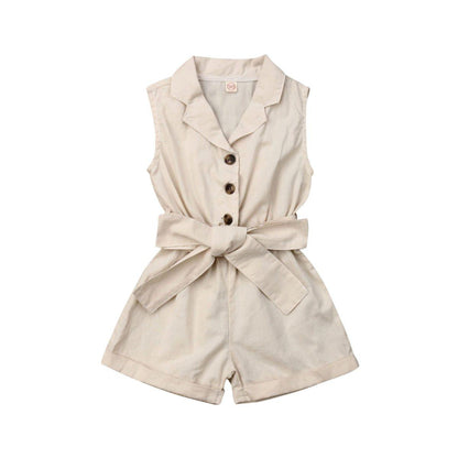 Stevvex beige girls' romper jumpsuit with sleeveless collar, button front, waist sash on Tampa Home & Garden Store