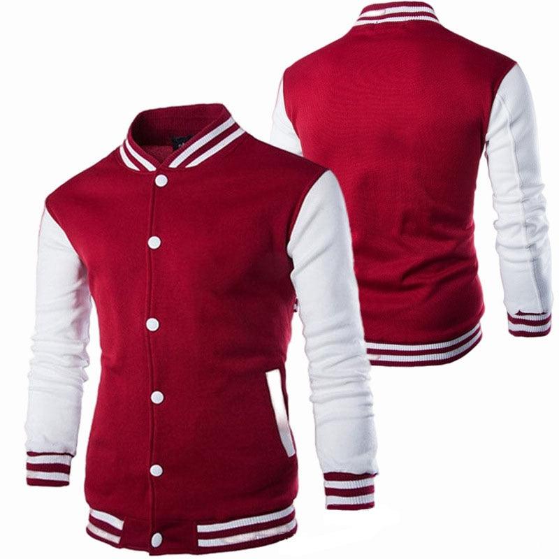 Stevvex men's varsity jacket red with striped cuffs snap front; front and back view on Tampa Home & Garden Store