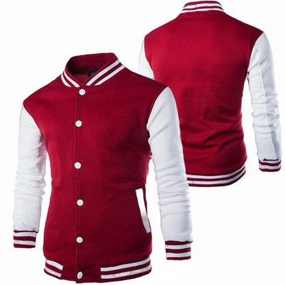 Stevvex men's varsity jacket red with striped cuffs snap front; front and back view on Tampa Home & Garden Store