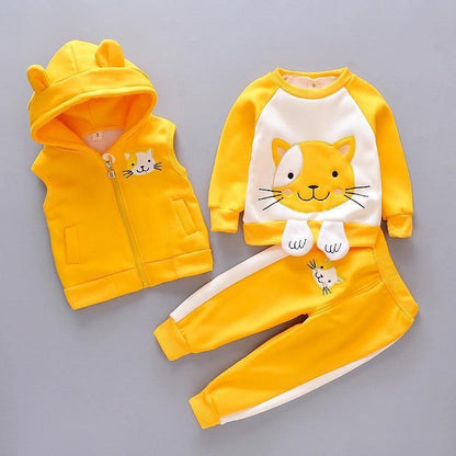 Three-piece baby girl winter set: yellow hooded jacket, cat-print top, yellow pants with white stripe on Tampa Home & Garden Store