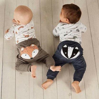 Stevvex newborn baby outfits two-piece set with fox print gray pants and raccoon print navy pants on Tampa Home & Garden Store
