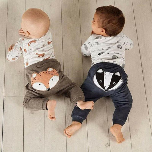 Stevvex newborn baby outfits two-piece set with fox print gray pants and raccoon print navy pants on Tampa Home & Garden Store