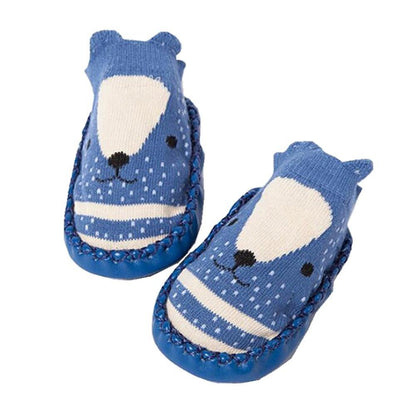 Stevvex blue cotton soft-soled baby shoes with white bear-face motif, knit moccasin-style pair on Tampa Home & Garden Store