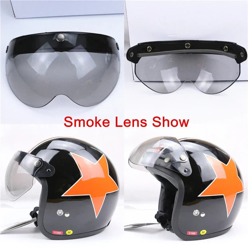 Universal 3-Snap smoked visor for open-face helmet by BikerZoneZ on black helmet with orange star on Tampa Home & Garden Store