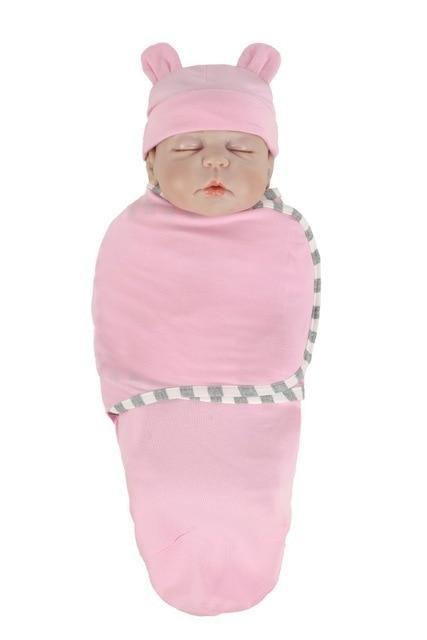 Newborn pink swaddle wrap with hat set by Stevvex, soft fabric with gray check trim on Tampa Home & Garden Store