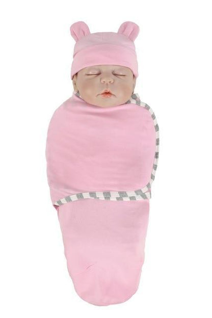 Newborn pink swaddle wrap with hat set by Stevvex, soft fabric with gray check trim on Tampa Home & Garden Store