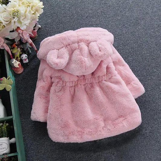 Stevvex baby girl pink fluffy hooded coat with ears chunky plush toddler jacket on Tampa Home & Garden Store