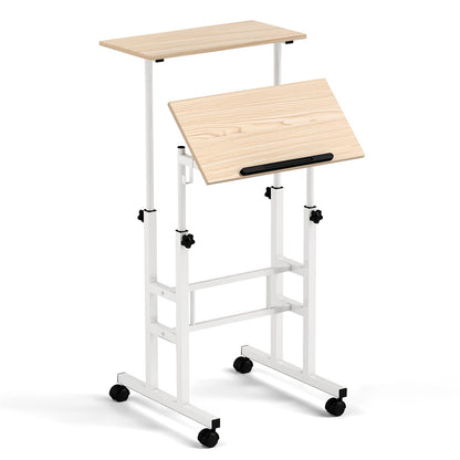 Mesa de pie móvil para portátil con altura ajustable, tablero dividido y ganchos para colgar - Blanca