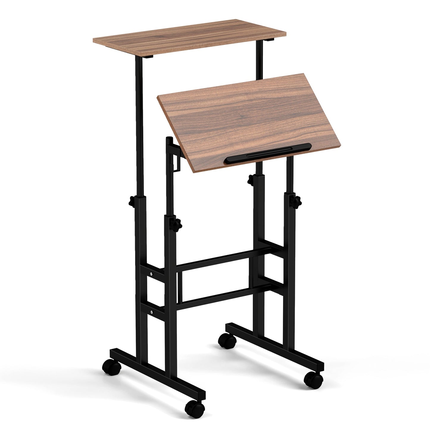Mesa de pie móvil para portátil con altura ajustable, tablero dividido y ganchos para colgar - Blanca