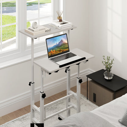 Mesa de pie móvil para portátil con altura ajustable, tablero dividido y ganchos para colgar - Blanca