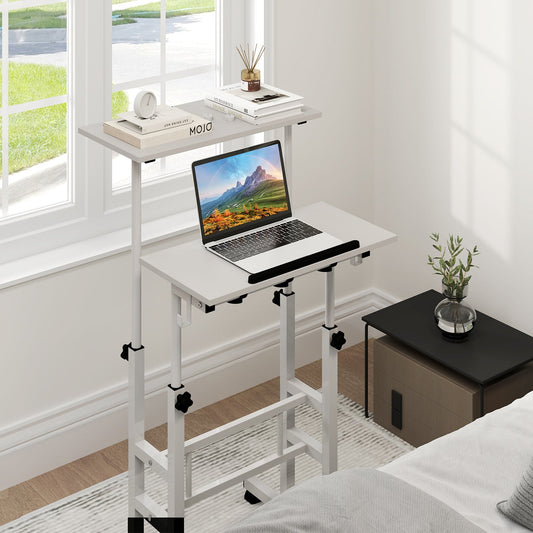 Mesa de pie móvil para portátil con altura ajustable, tablero dividido y ganchos para colgar - Blanca
