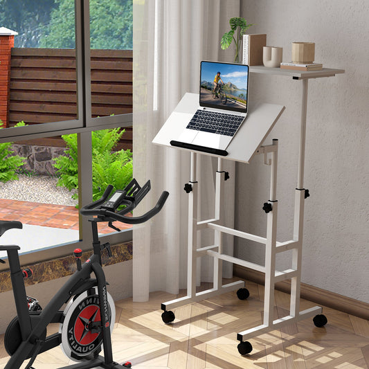 Mesa de pie móvil para portátil con altura ajustable, tablero dividido y ganchos para colgar - Blanca