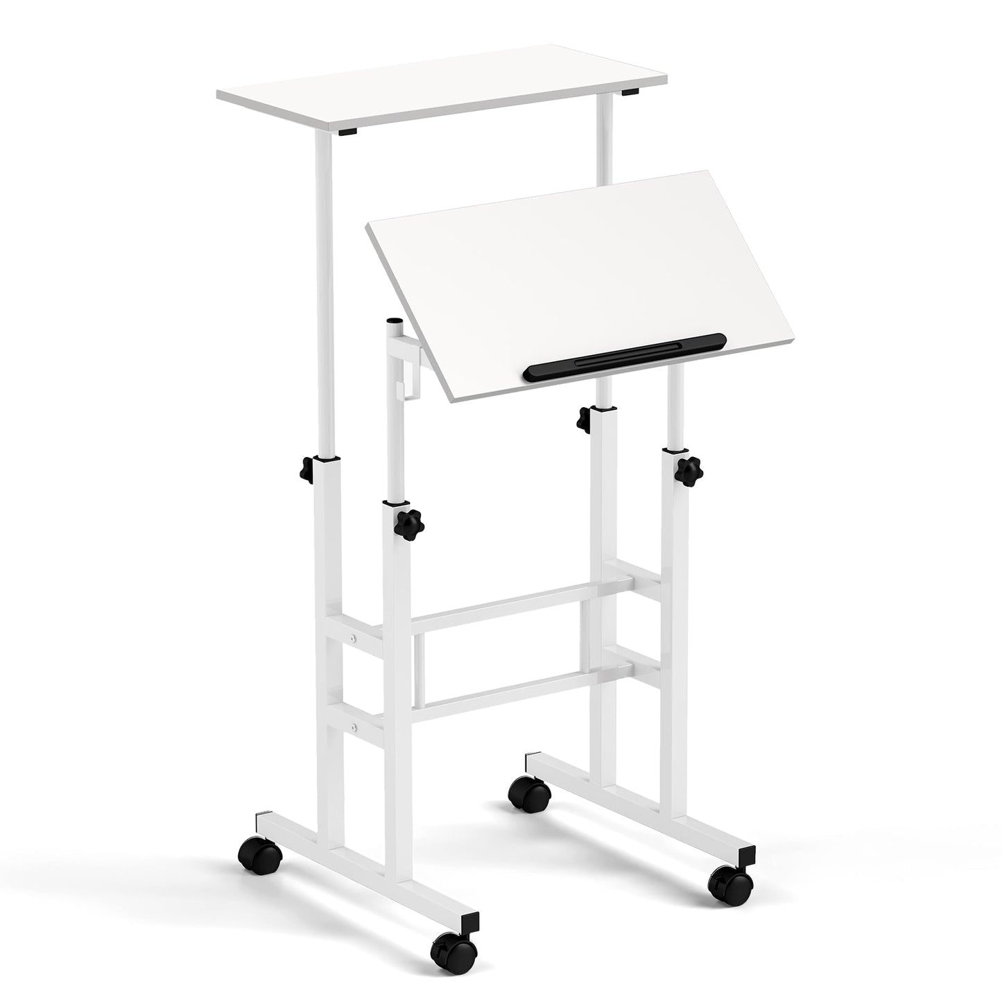 Mesa de pie móvil para portátil con altura ajustable, tablero dividido y ganchos para colgar - Blanca