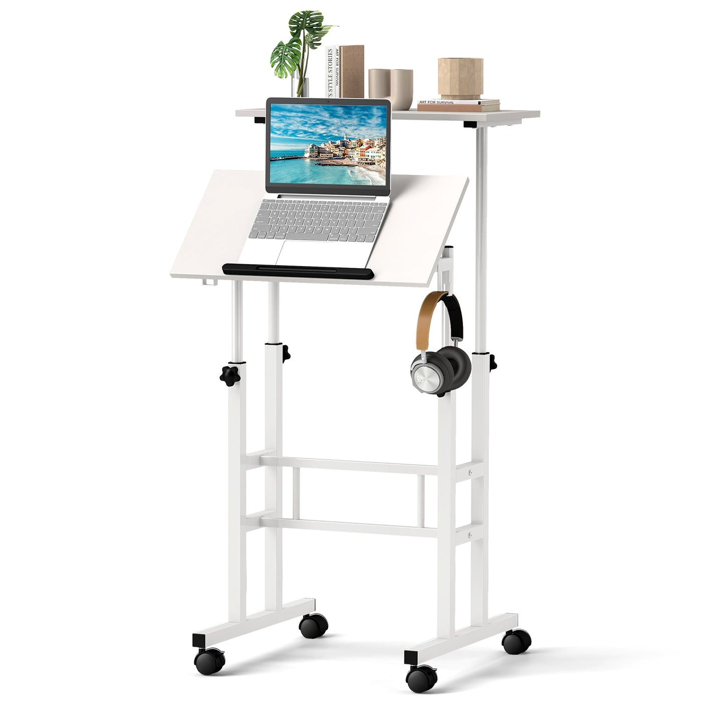 Mesa de pie móvil para portátil con altura ajustable, tablero dividido y ganchos para colgar - Blanca