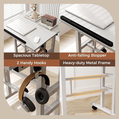Mesa de pie móvil para portátil con altura ajustable, tablero dividido y ganchos para colgar - Blanca