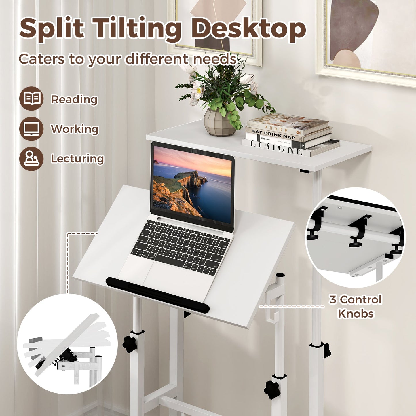 Mesa de pie móvil para portátil con altura ajustable, tablero dividido y ganchos para colgar - Blanca