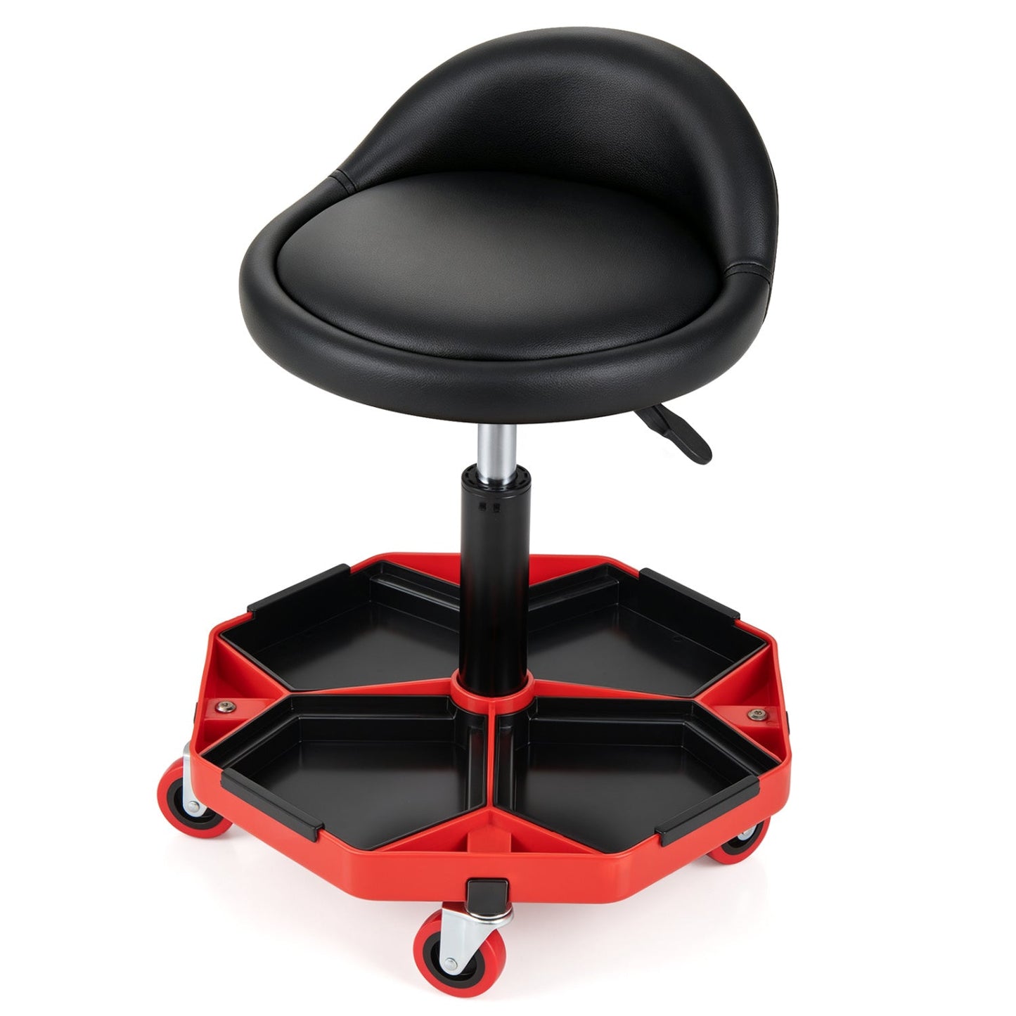 Adjustable rolling mechanic seat with storage tray, black seat and red base on Tampa Home & Garden Store