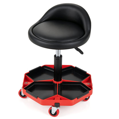 Adjustable rolling mechanic seat with storage tray, black seat and red base on Tampa Home & Garden Store