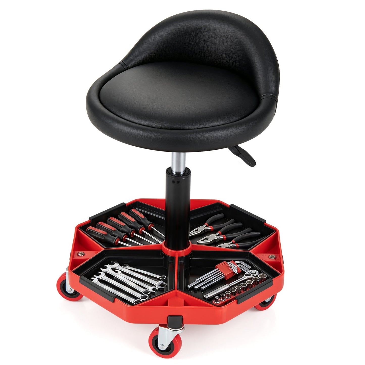 Mechanic seat with storage tray DirectDeals black cushion on chrome post over red cart on Tampa Home & Garden Store