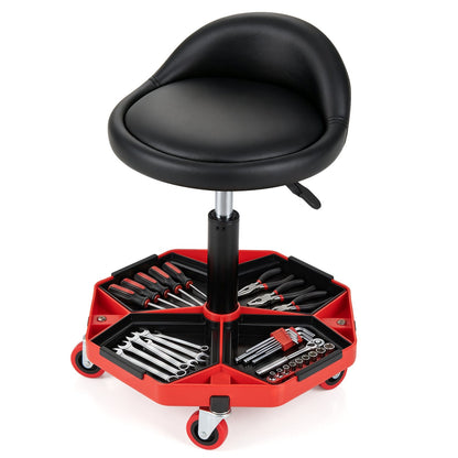 Mechanic seat with storage tray DirectDeals black cushion on chrome post over red cart on Tampa Home & Garden Store