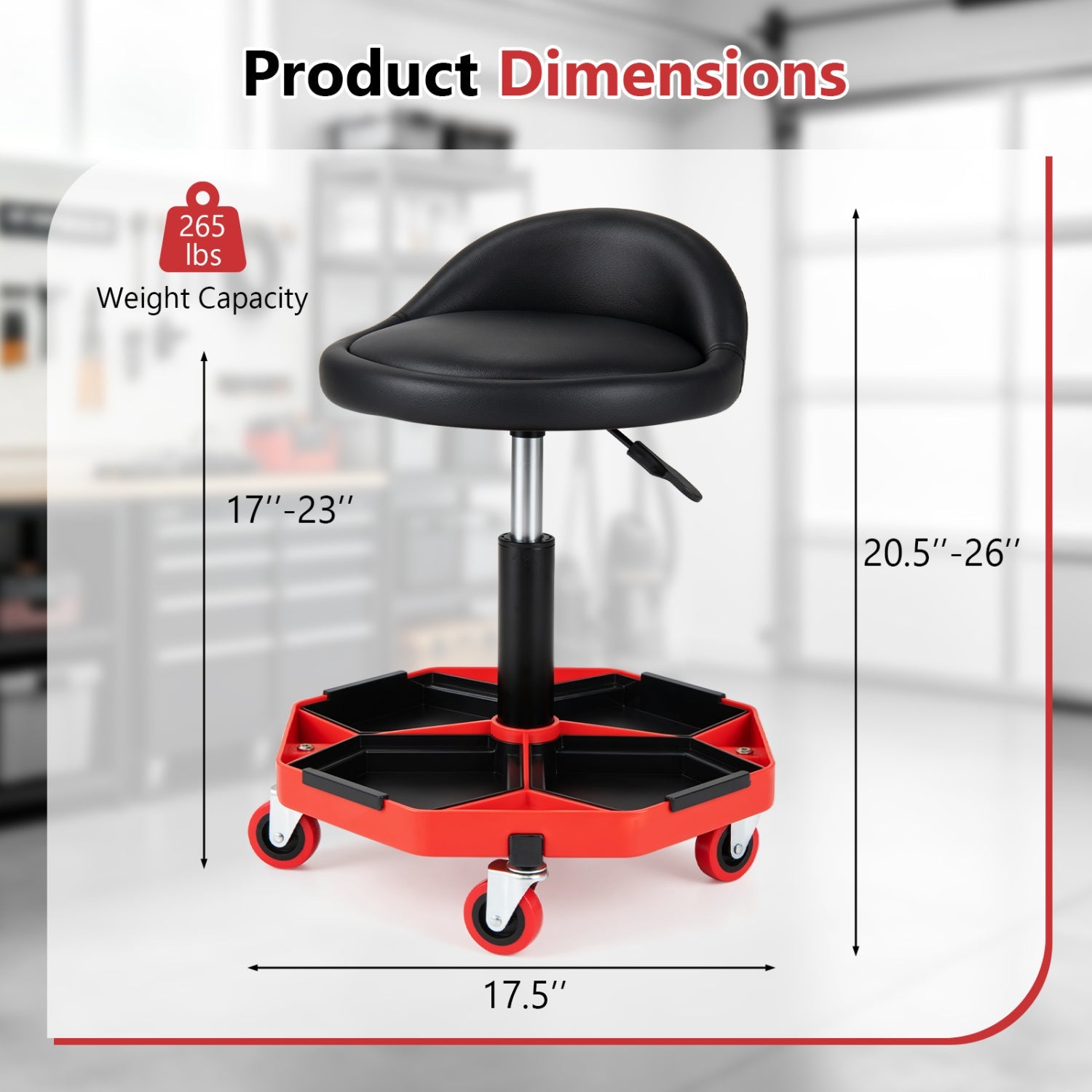 Adjustable Rolling Mechanic Seat with Storage Tray, black cushion on chrome post, red base on Tampa Home & Garden Store