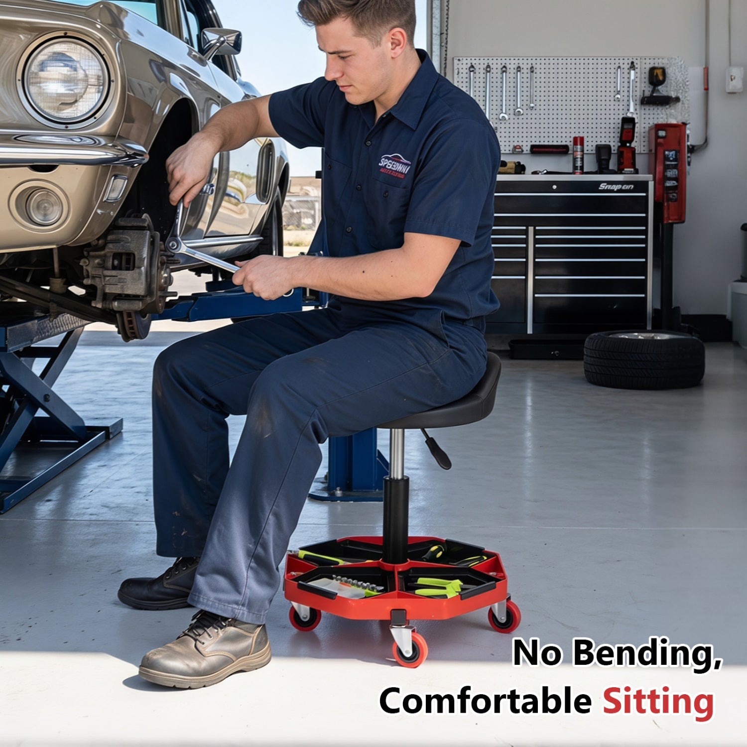 Adjustable rolling mechanic seat with storage tray, black cushioned seat and red tool tray on Tampa Home & Garden Store