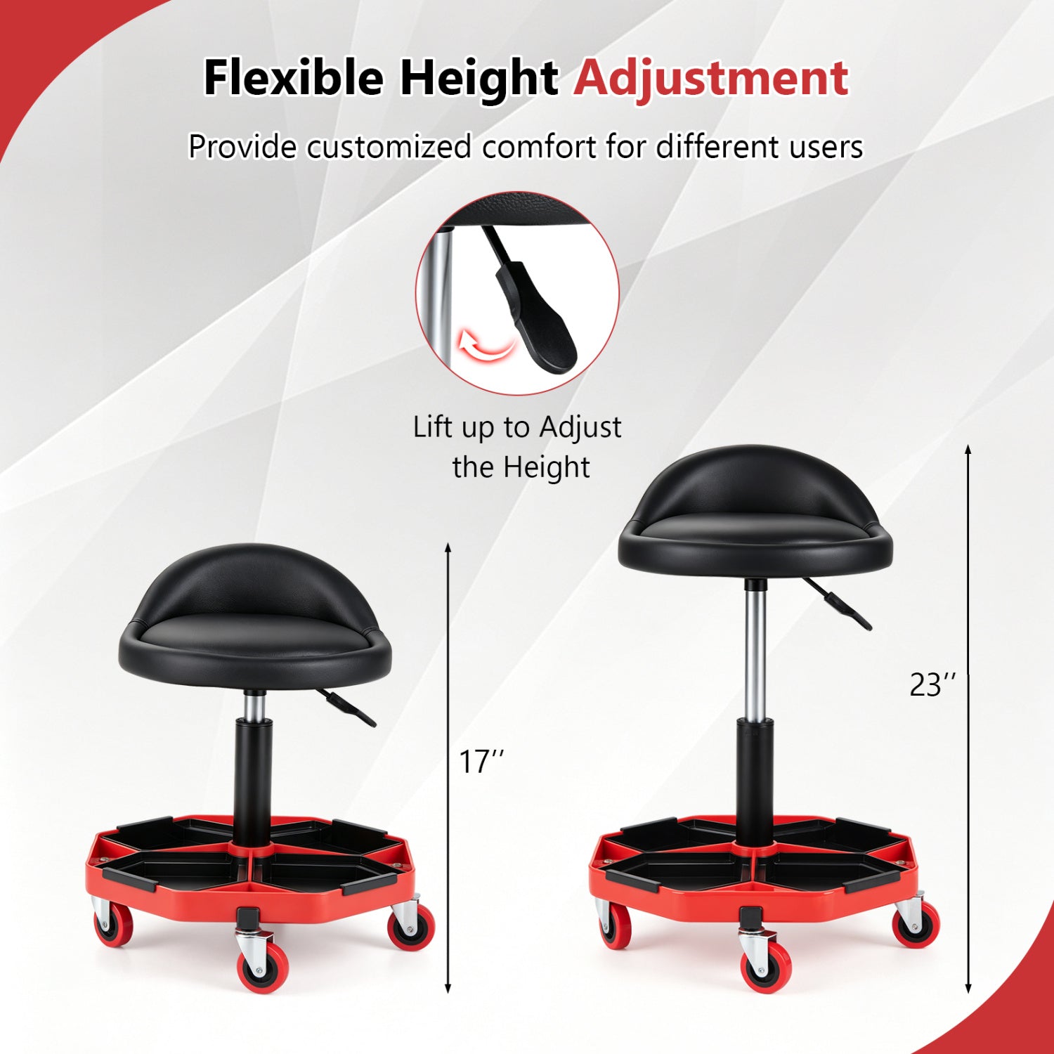 Adjustable rolling mechanic seat with storage tray, DirectDeals, black cushion, red base, 17–23 in on Tampa Home & Garden Store