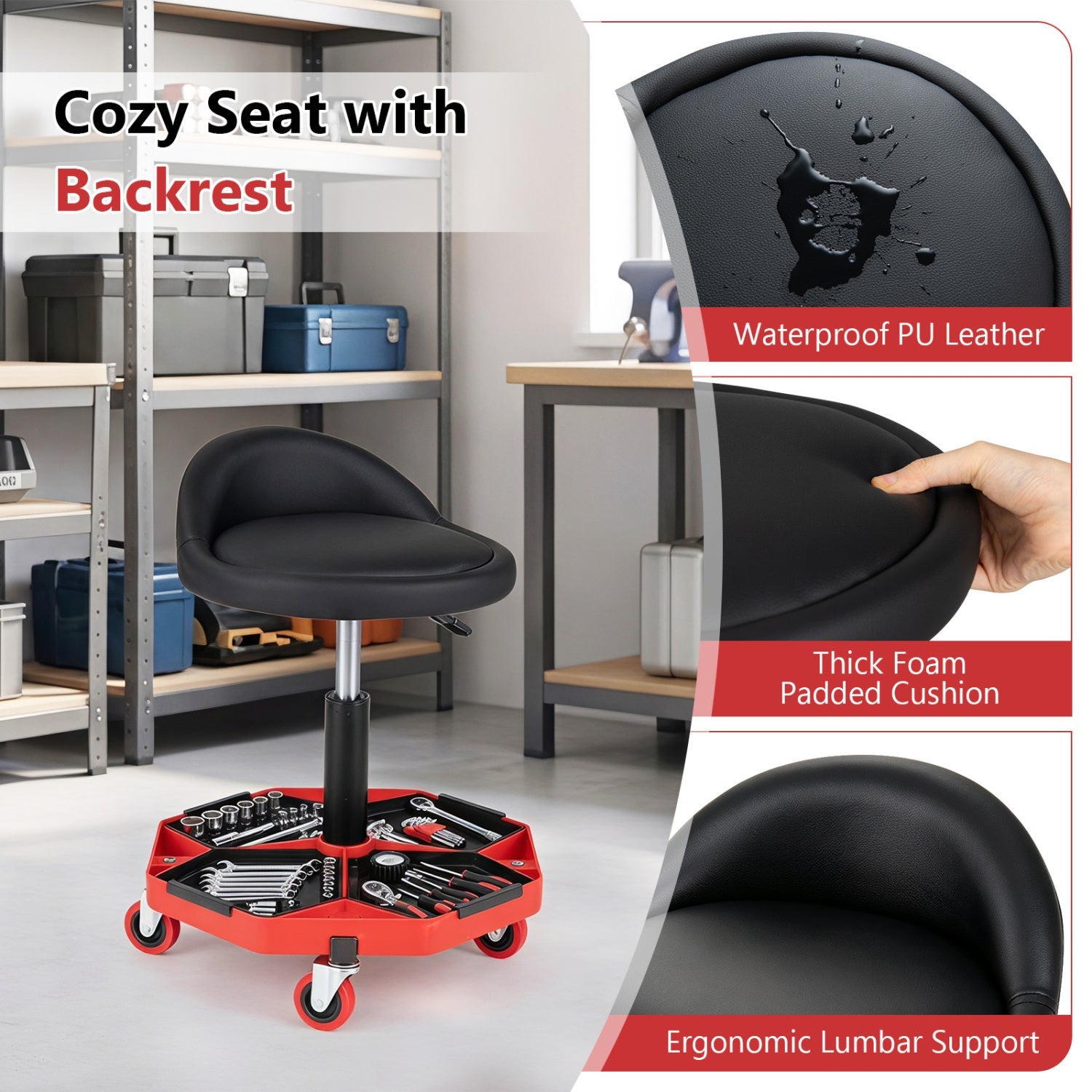 DirectDeals Adjustable Rolling Mechanic Seat with Storage Tray, black waterproof PU leather on Tampa Home & Garden Store