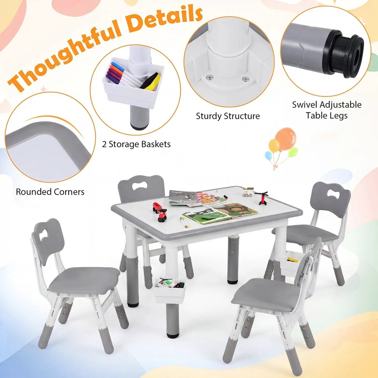 Kids Table and Chairs Set With Adjustable Height