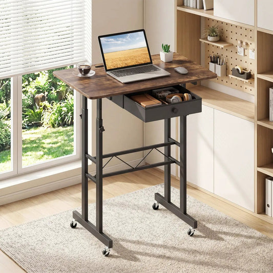 Height adjustable standing desk with wheels and drawer DirectDeals wood top on black steel on Tampa Home & Garden Store